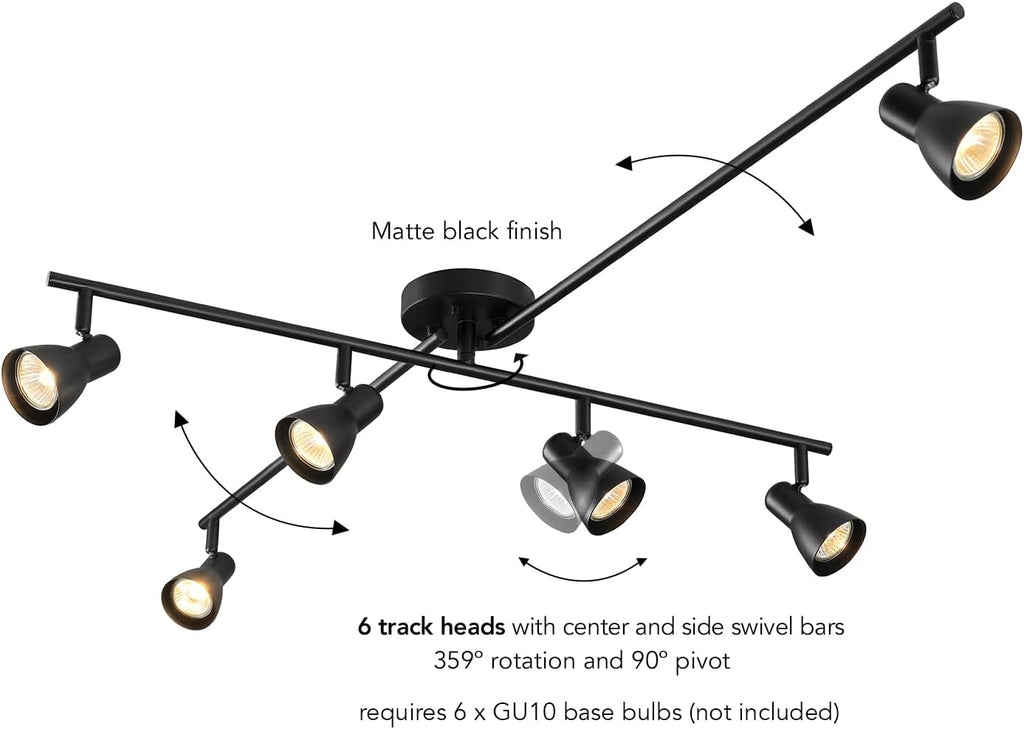 Globe Electric 64000168 51' 6-Light Adjustable Track Lighting, Matte Black, Center Swivel Bar, Moveable Outer Bars, Pivoting Track Heads, Ceiling Light, Home Improvement