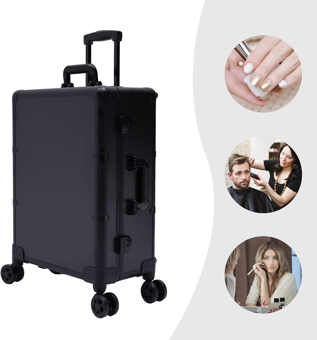 20' Aluminum Trolley Makeup Train Case with Mirror &LED Lights, Professional Cosmetic Organizer Makeup Suitcase with Wheels, Portable Makeup Vanity Rolling Vanity Makeup Station for Travel (Black)
