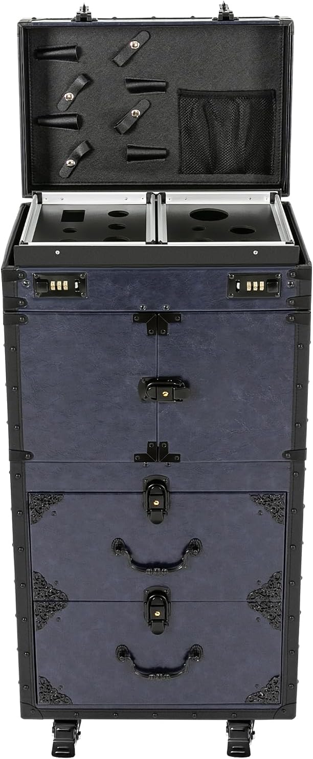 Rolling Makeup Case Large Storage Cosmetic Trolley, Professional Makeup Train Case with Wheels & Locks, Mobile Vanity Organizer for Hairstylists, Artists, Travel