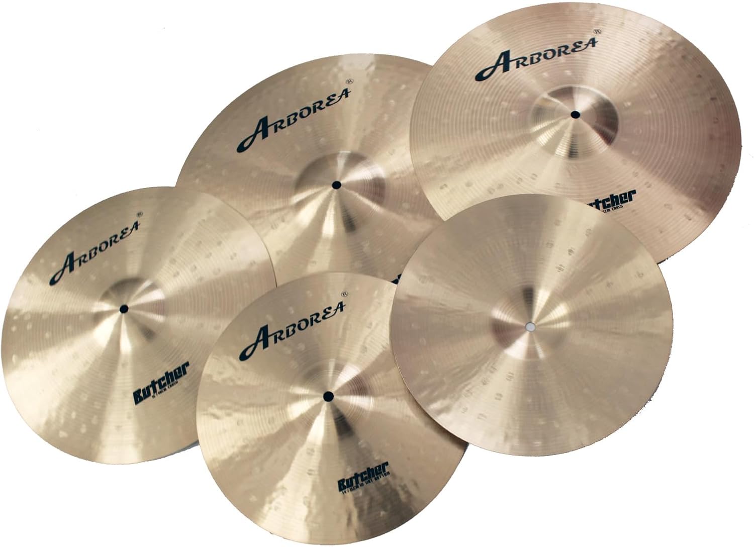Arborea B20 Bronze Alloy Cymbal Set Butcher Series 5pcs 14'Hihats 16'Crash 18' Crash 20' Ride, Handcrafted for Professional Drummers, Rich Tone & Durable Performance