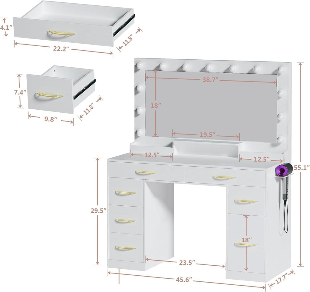 ALEXNUTRE Vanity Desk with Mirror and Lights, Makeup Vanity with Outlets & Large Mirror & 6 Drawers,White Vanity with 3-Color Adjustable Lighting, Makeup Vanity for Bedroom