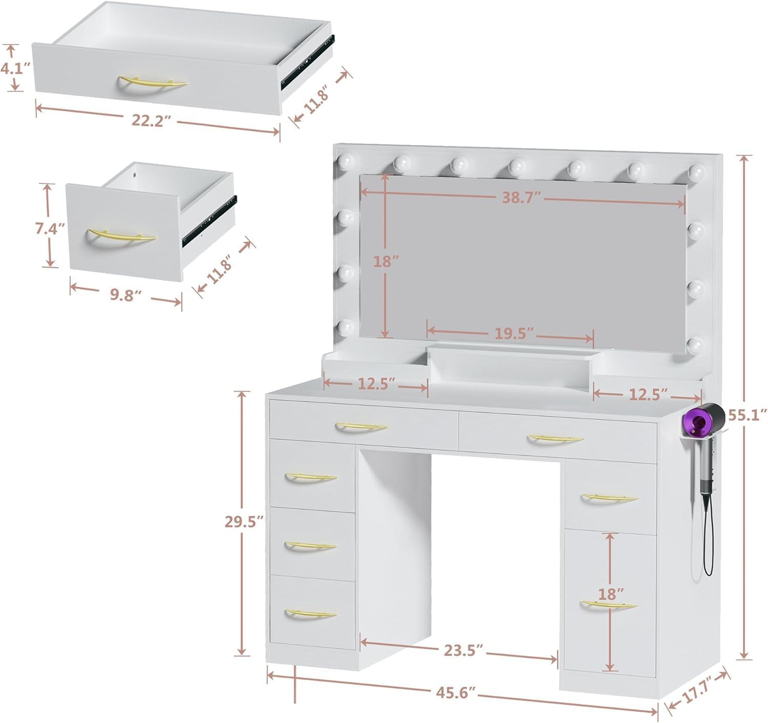 ALEXNUTRE Vanity Desk with Mirror and Lights, Makeup Vanity with Outlets & Large Mirror & 6 Drawers,White Vanity with 3-Color Adjustable Lighting, Makeup Vanity for Bedroom