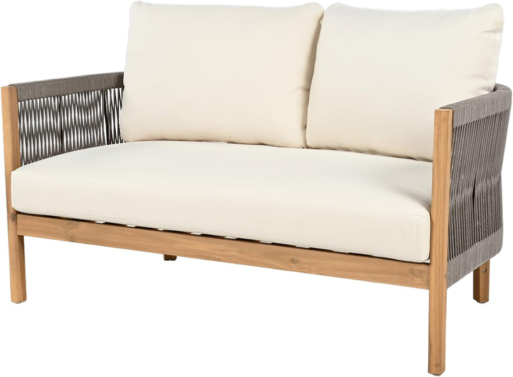 Christopher Knight Home Havets 5 Pieces Outdoor Acacia Furniture Set, Woven Rope Loveseat and Accent Club Chairs, 6' Thick Cushions Sofa and Coffee Table Set for Backyard Garden Balcony, Gray+Beige