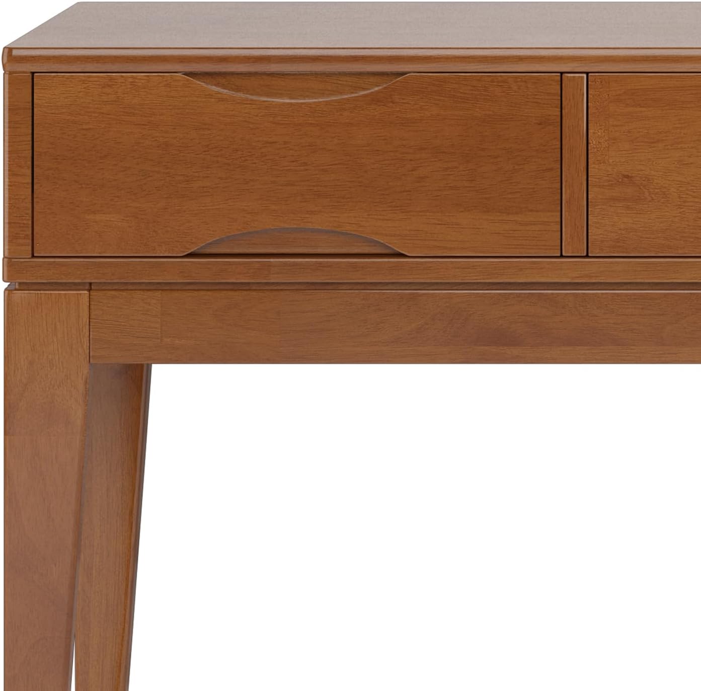 SIMPLIHOME Harper Console Table - 54 Inch Wide Solid Hardwood Sofa Table in Teak Brown, Mid-Century Modern Storage Table for Entryway or Living Room with 3 Drawers, Notched Handles, and Tapered Legs