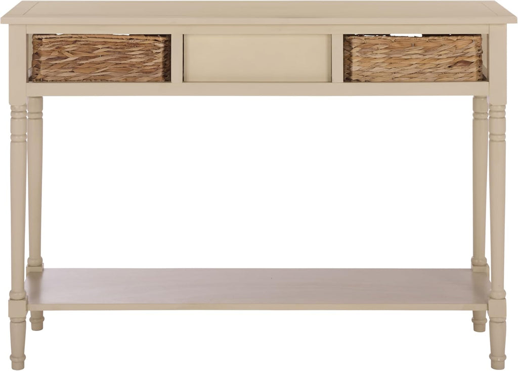 SAFAVIEH Home Collection - Christa Entryway Console Table, Sand Solid Wood 3-Drawer Storage Sofa Table with Rattan Baskets (AMH5737G)