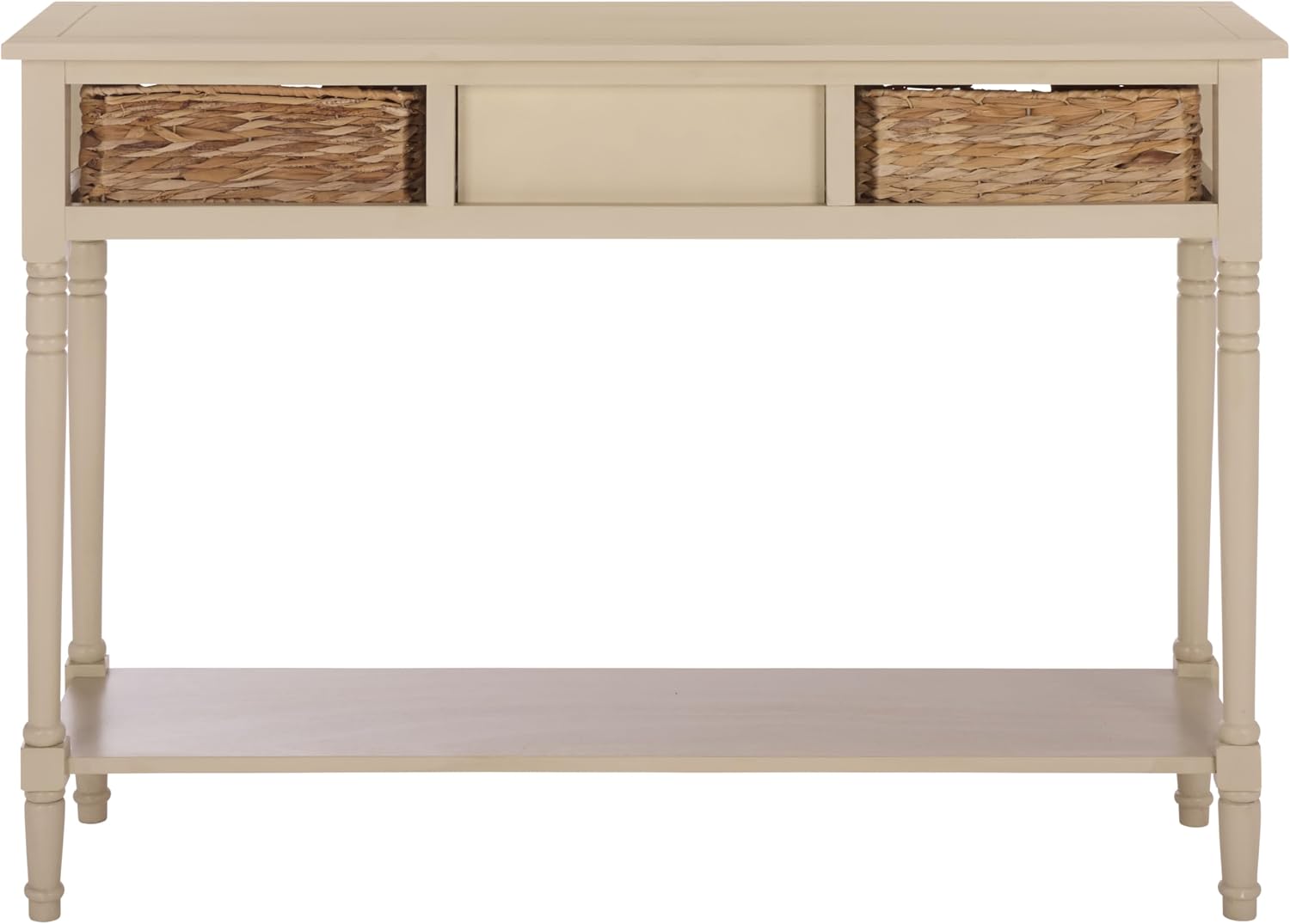 SAFAVIEH Home Collection - Christa Entryway Console Table, Sand Solid Wood 3-Drawer Storage Sofa Table with Rattan Baskets (AMH5737G)