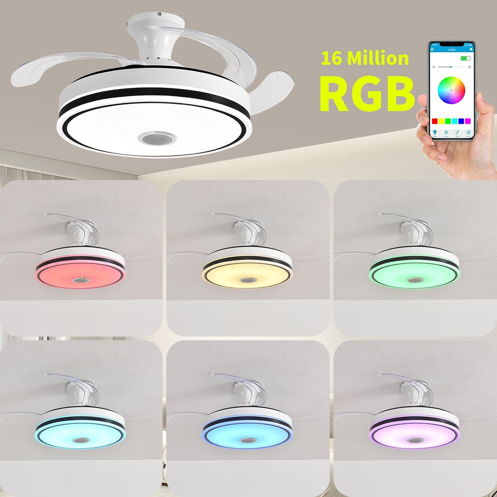 42'' Retractable Ceiling Fan with Lights, Smart Ceiling Fan Light with Bluetooth Speaker, App Control for Dimming & RGB Color Change Reversible Bedroom Living Room