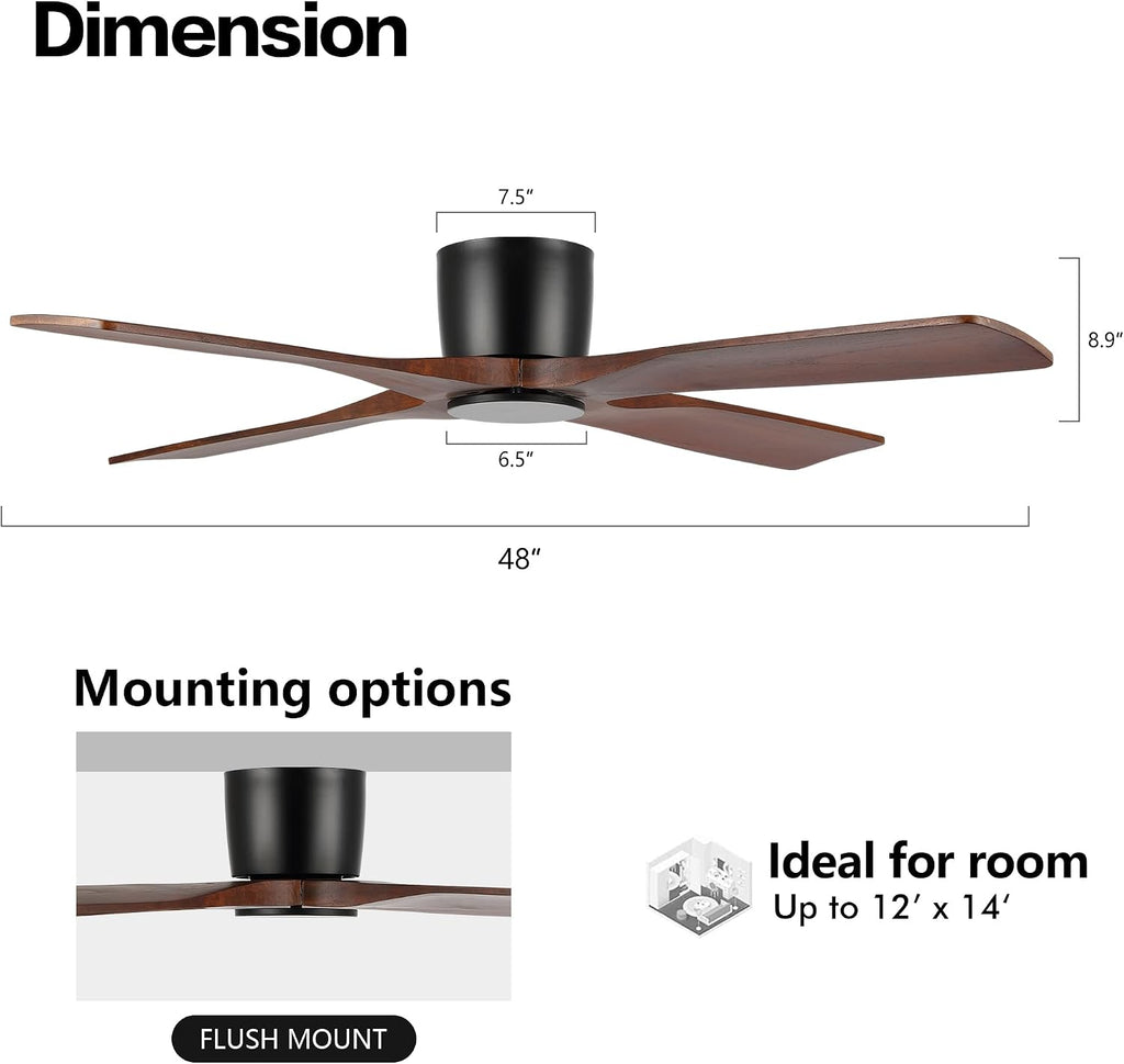 WINGBO 48 Inch Flush Mount DC Ceiling Fan without Lights, 4 Reversible Carved Wood Blades, 6-Speed Noiseless DC Motor, Hugger Ceiling Fan No Lights in Matte Black Finish with Walnut Blades, ETL Listed