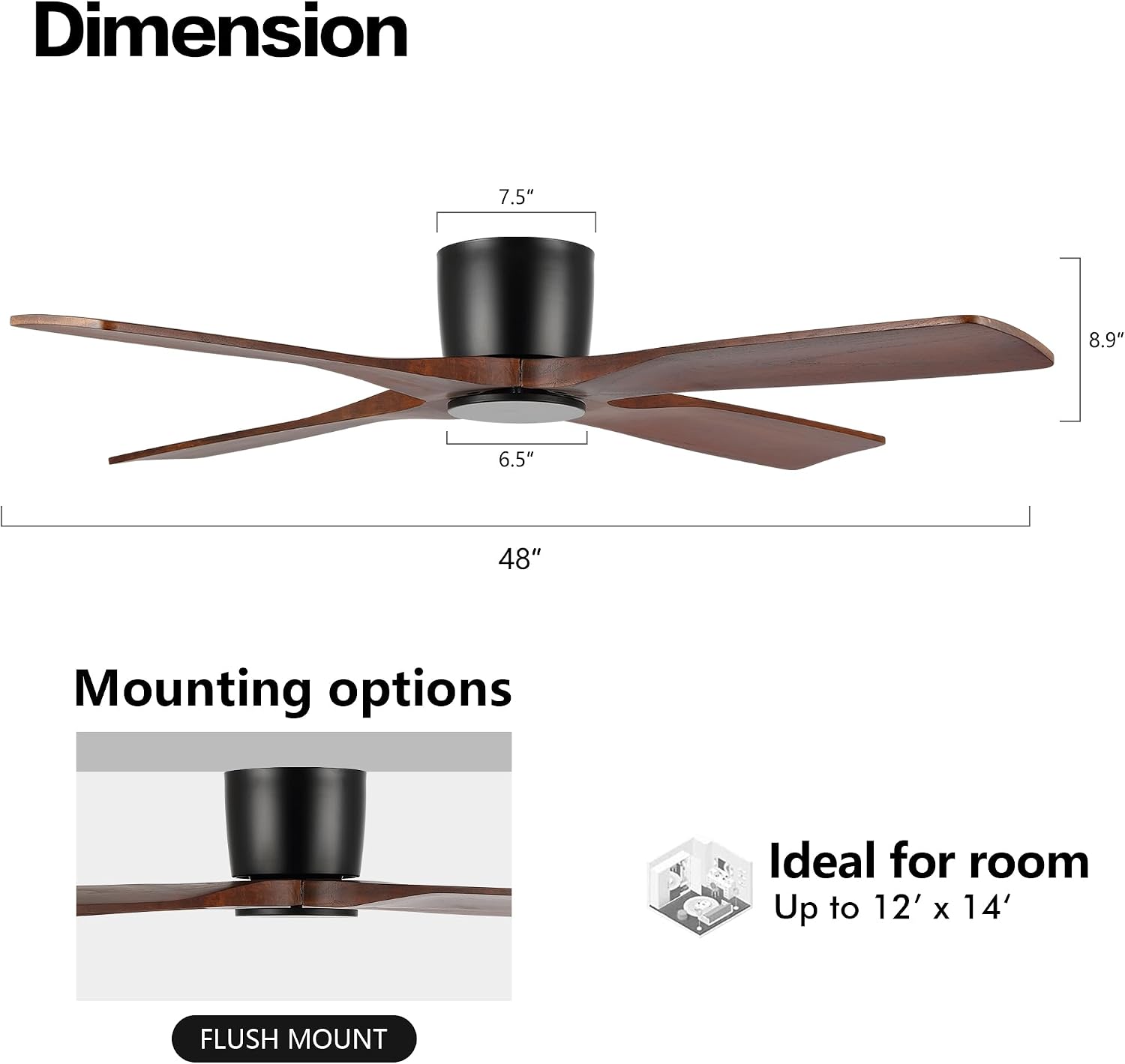 WINGBO 48 Inch Flush Mount DC Ceiling Fan without Lights, 4 Reversible Carved Wood Blades, 6-Speed Noiseless DC Motor, Hugger Ceiling Fan No Lights in Matte Black Finish with Walnut Blades, ETL Listed
