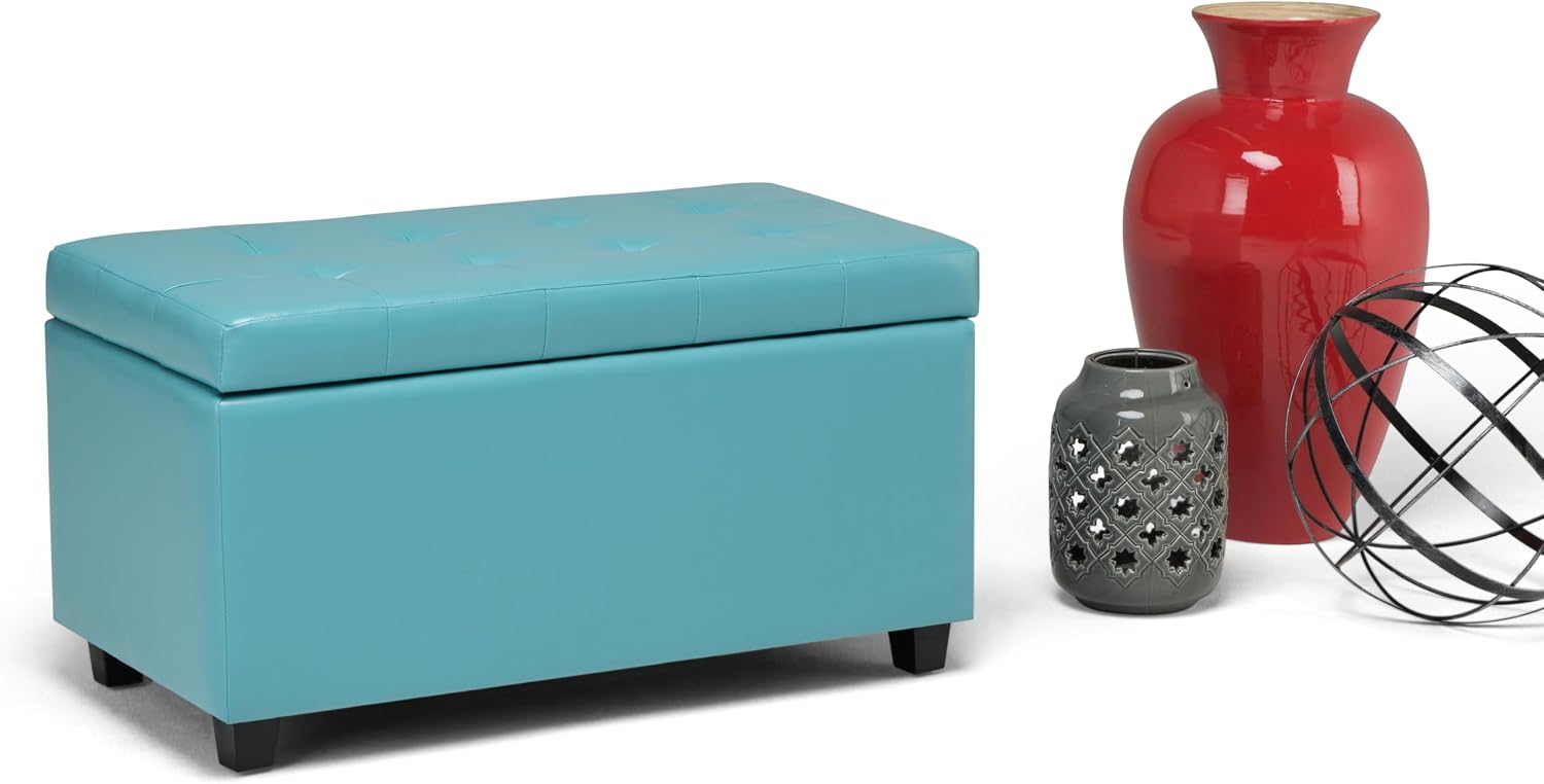 SIMPLIHOME Cosmopolitan Storage Ottoman - 34 inch Wide Upholstered Vegan Leather Rectangle Storage Ottoman Bench in Soft Blue, Transitional Tufted Ottoman for Living Room or Entryway with Lift-Up Lid
