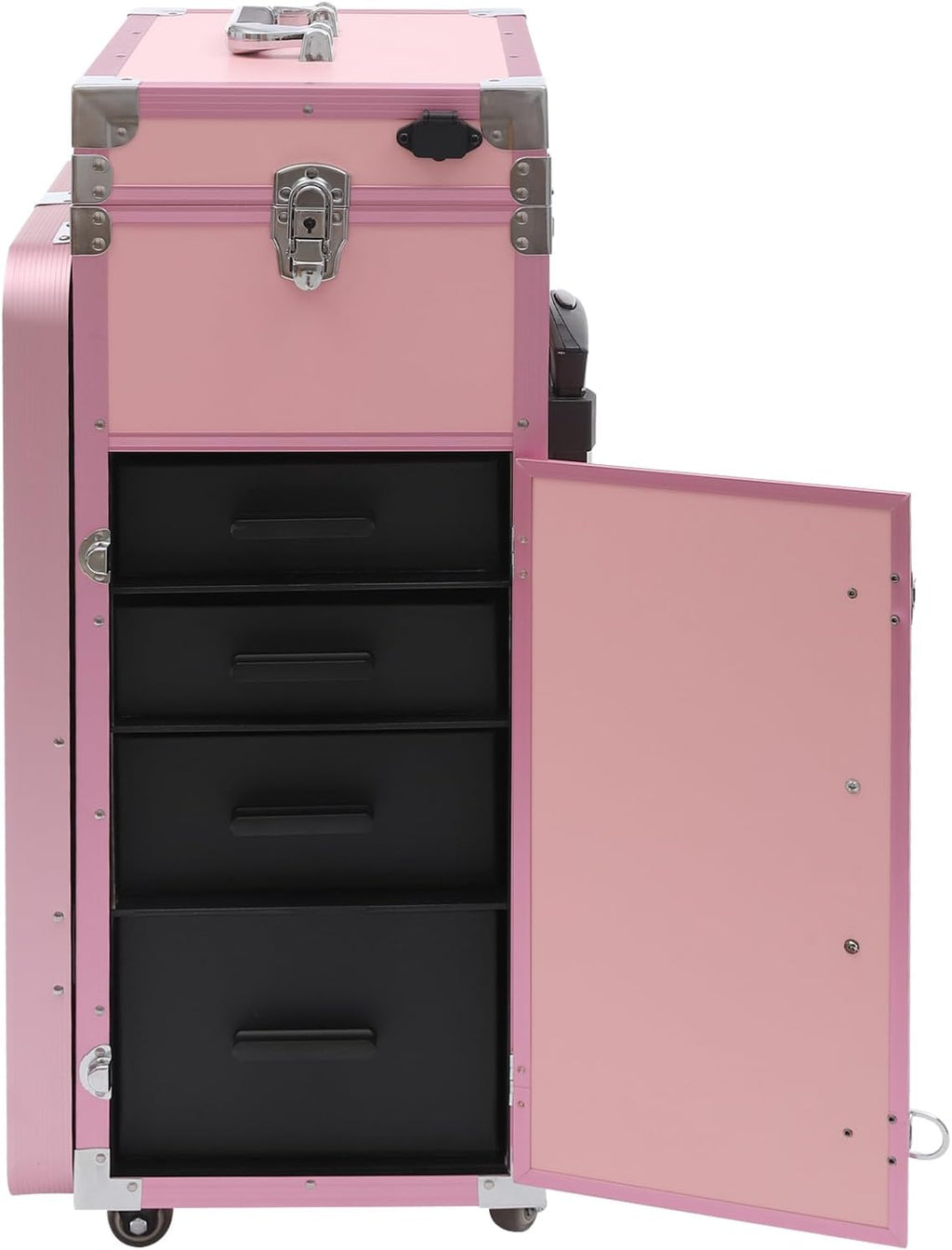 Makeup Train Case With 4 Universal Wheels,Portablel Makeup Suitcase With Drawers,Unfold Table And Makeup Mirror,Rolling Cosmetic Storage Organizer For Artist,Hairstylist,Etc (Pink)