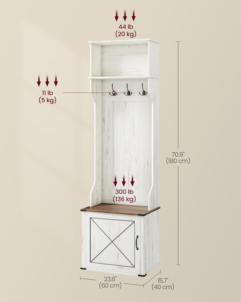 VASAGLE Hall Tree with Bench and Shoe Storage, Coat Rack with Shoe Bench, Entryway Furniture, 3 Tri-Hooks, Door with Handle, Farmhouse Style, Space Saving, Rustic White and Honey Brown UHSR441W01V1