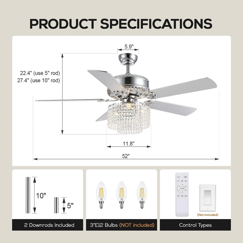 52 Inch Crystal Ceiling Fan with Light and Remote, Modern Reversible Chandelier Fan with Wood Blades, Elegant Fandelier Ceiling Light Kit for Bedroom Dining Room Living Room, Chrome