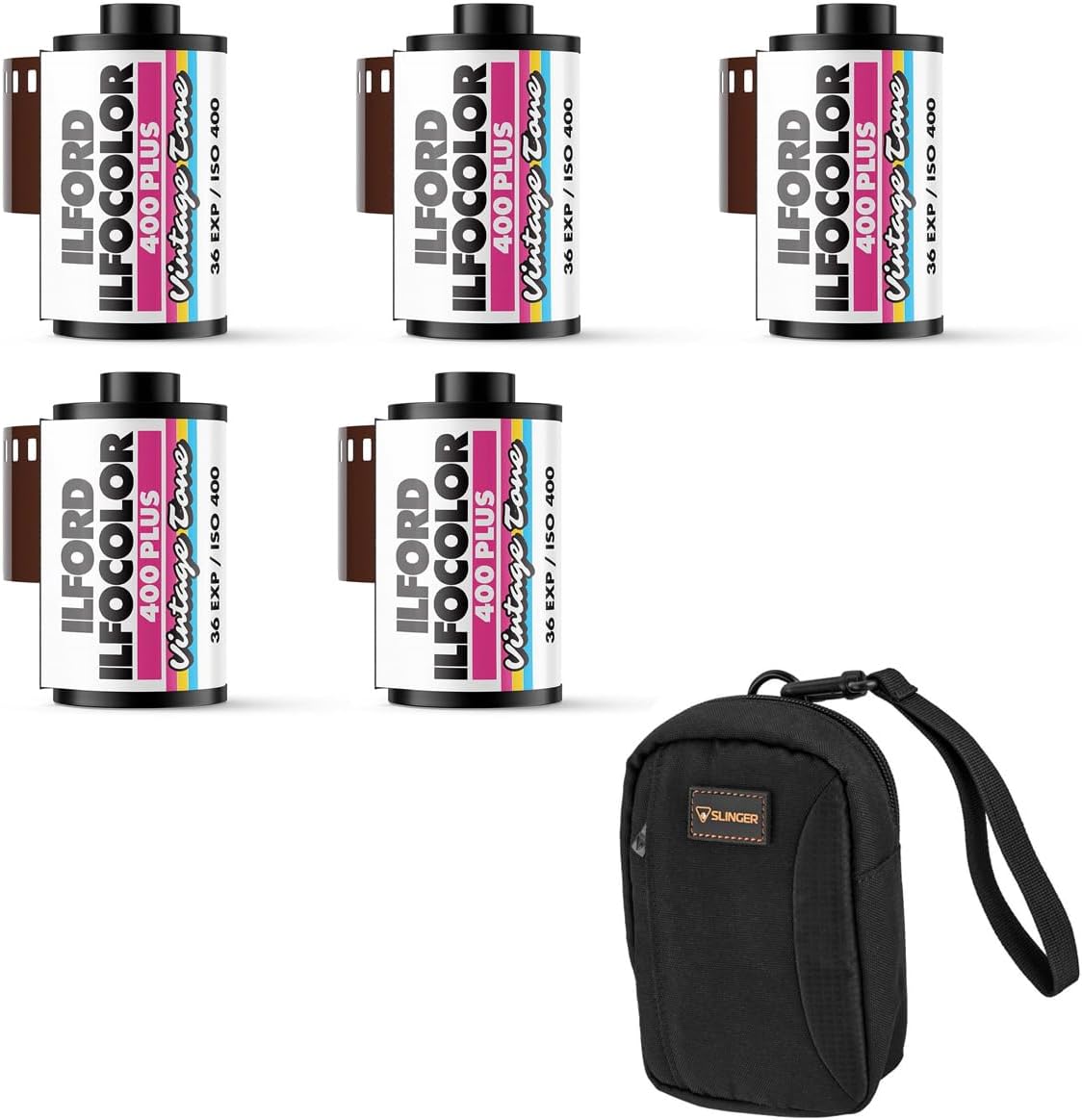 Ilford ILFOCOLOR 400 Plus 35mm Vintage Tone Color Film, ISO 400, 5-Pack with Camera Bag