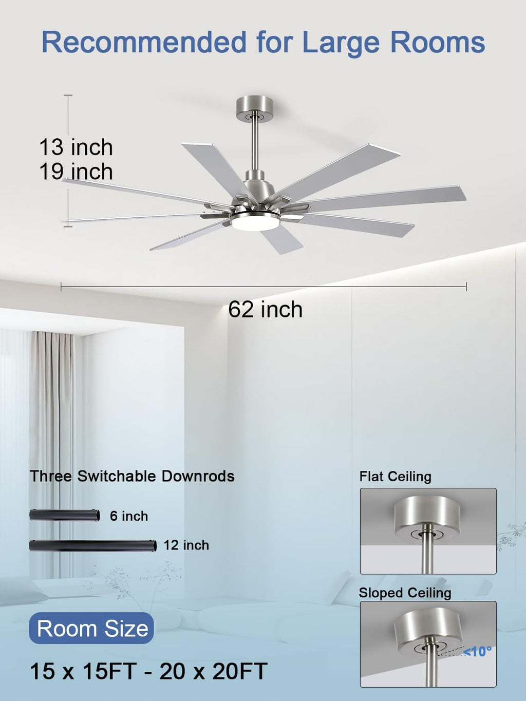 62 Inch Ceiling Fans with Lights and Remote, Pure Copper DC Motor Brushed Nickel Large Indoor/Outdoor Modern Industrial Ceiling Fan, Quiet, 6 Speed, 3CCT, for Patios Living Room Farmhouse Garage