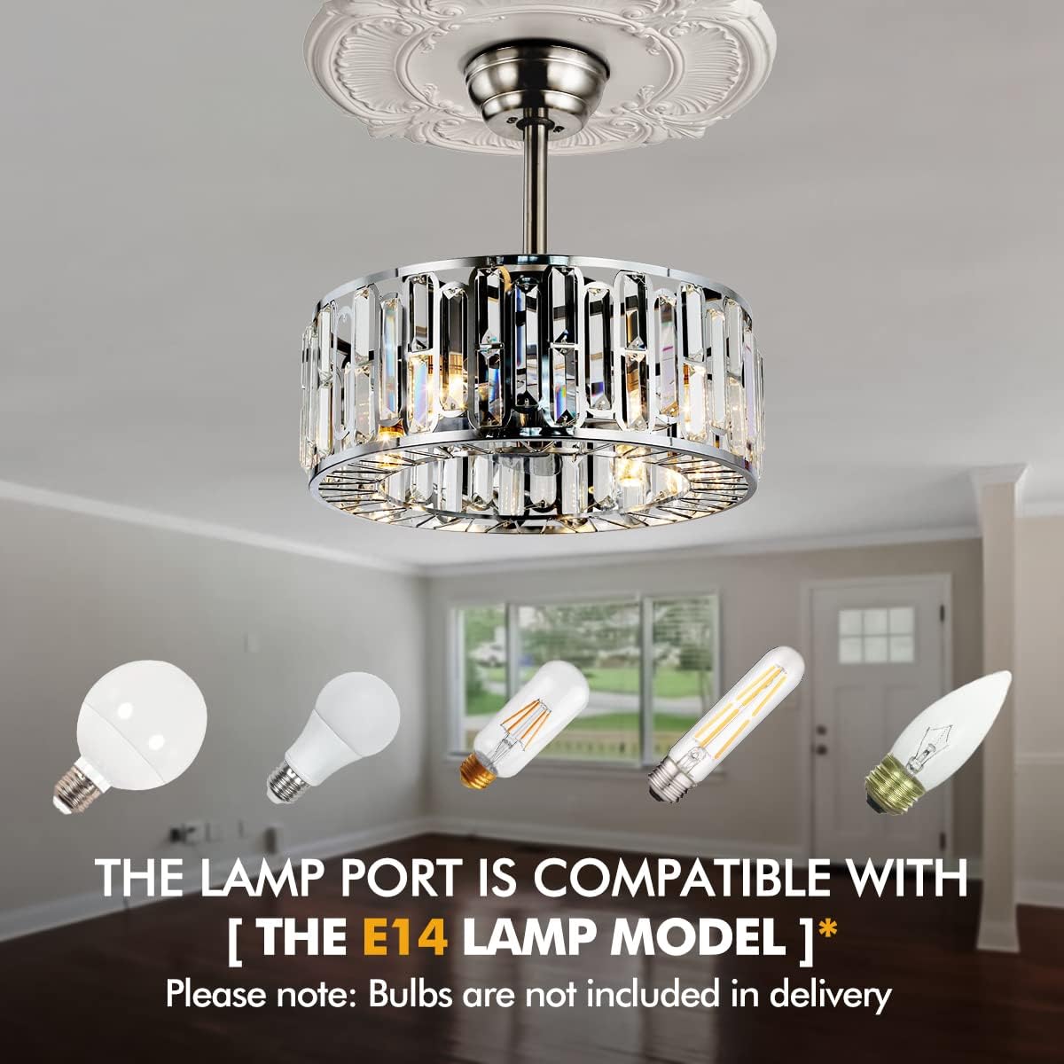 18' Crystal Chandelier Ceiling Fan with Light and Remote, Industrial Enclosed Bladeless Silver Fandelier Ceiling Fan 3 Speeds Timer for Farmhouse Kitchen Island