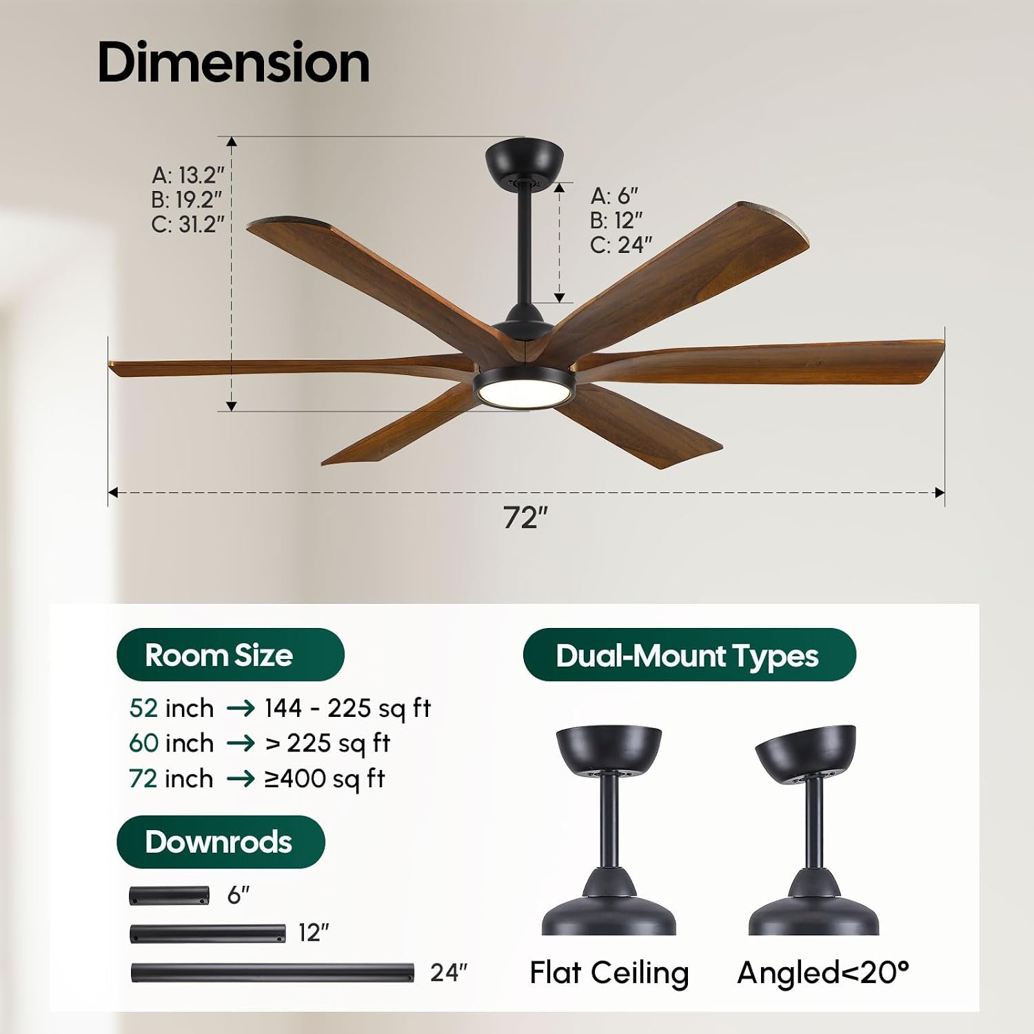 72 Inch Smart Outdoor Ceiling Fan with Light, Alexa/Wifi/Remote Control, 6 Solid Wood Blades Damp Rated, 9268 High CFM Quiet DC Motor, Rustic Farmhouse Style for Indoor Large Room Exterior Patio