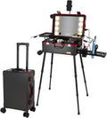 20' Aluminum Ligthed Makeup Train Case with LED Lights Professional Cosmetic Organizer Studio with Speaker, Wheels and Stands Rolling Trolley Makeup Vanity Station for Travel (Black)