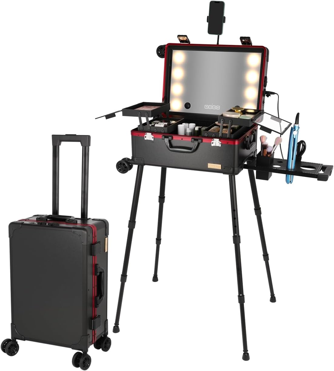 20' Aluminum Ligthed Makeup Train Case with LED Lights Professional Cosmetic Organizer Studio with Speaker, Wheels and Stands Rolling Trolley Makeup Vanity Station for Travel (Black)