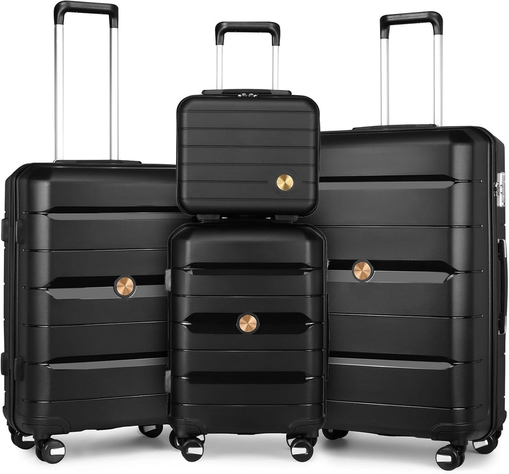 Somago Luggage Sets 4 Piece Lightweight Hardside Polypropylene Travel Suitcases with Double Spinner Wheels and TSA Lock,Classic Black