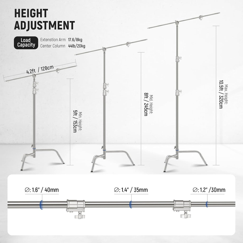 NEEWER 10.5ft Stainless Steel Heavy Duty C Stand with Boom Arm, Quick Setup Base, Thicker Center Rod Max Load 44lb/20kg, Photography Light Stand with 4.2ft Holding Arm for Monolight Softbox, SC320Q