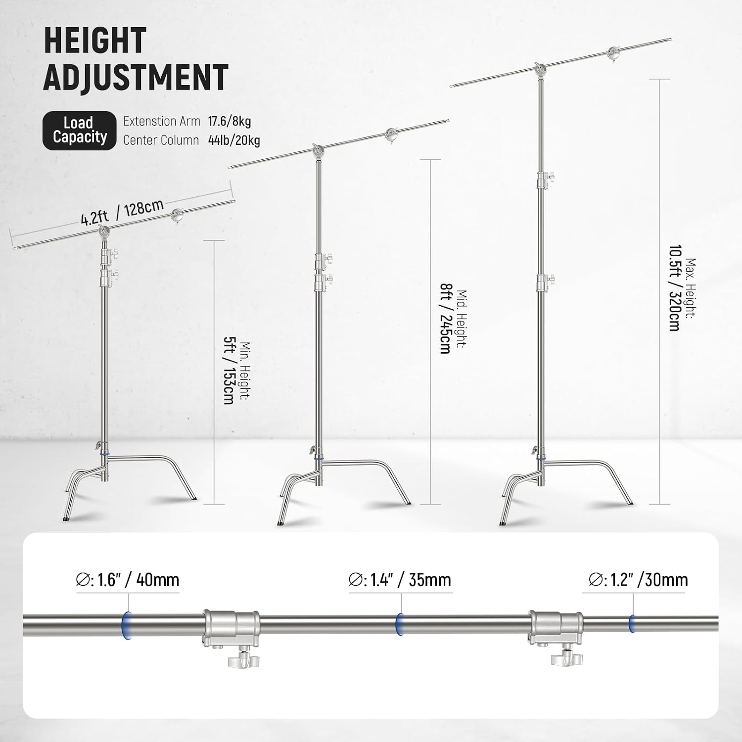NEEWER 10.5ft Stainless Steel Heavy Duty C Stand with Boom Arm, Quick Setup Base, Thicker Center Rod Max Load 44lb/20kg, Photography Light Stand with 4.2ft Holding Arm for Monolight Softbox, SC320Q