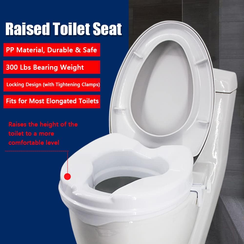 Raised Toilet Seat with Lid 300 Lbs Heavy Duty Elevated Toilet Seat with Tightening Clamps Raised Toilet Seats for Most Elongated Toilets (White, 6 Inches)