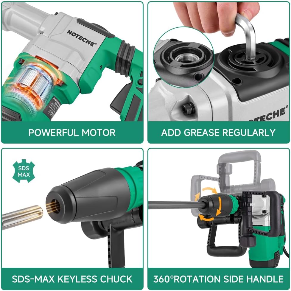 Hoteche 1500W SDS Max Electric Demolition Jack Hammer for Concrete Drilling with Drill Bit, Chisel and Carrying Case