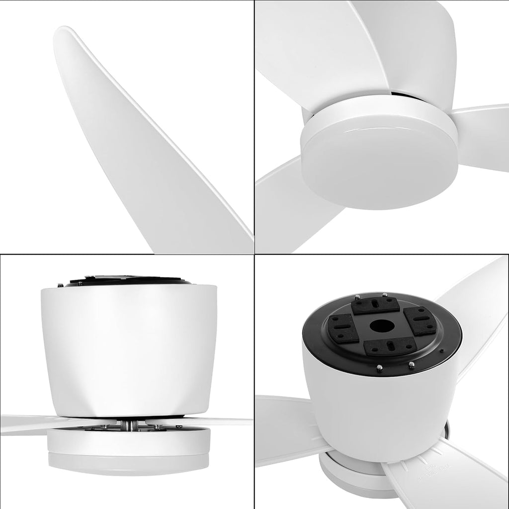 White 52 inch Ceiling Fan with Light and Remote Control, Low Profile Flush Mount Ceiling Fan with Lights, 3 Blade Dimmable LED Light for Bedroom Living Room Indoor, 6 Speeds DC Reversible Fans