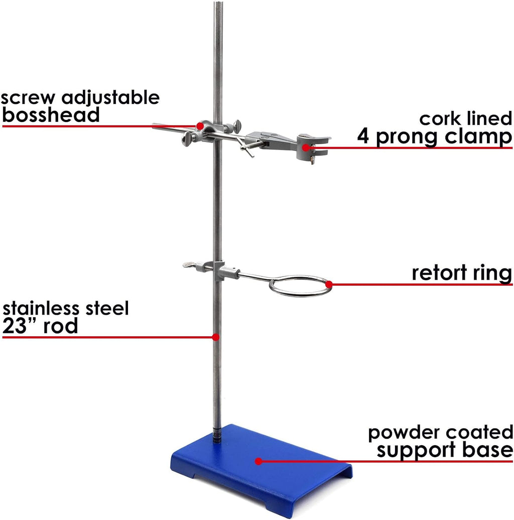EISCO 10PK Chemical Resistant Steel Lab Stand Set - Support Stand (8' x 5'), 12mm Dia. Rod (23.6' L), Cork Lined Burette Clamp with Boss Head and Retort Ring (2.5' Dia)