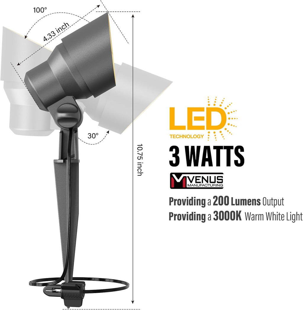 VENUS MANUFACTURING 12V Low Voltage Landscape Spotlights - 3W LED Outdoor Landscape Lighting, 200Lumen 3000K Warm White Metal Path Lights for Garden, Trees, Flag, Weather Resistant (24-Pack)