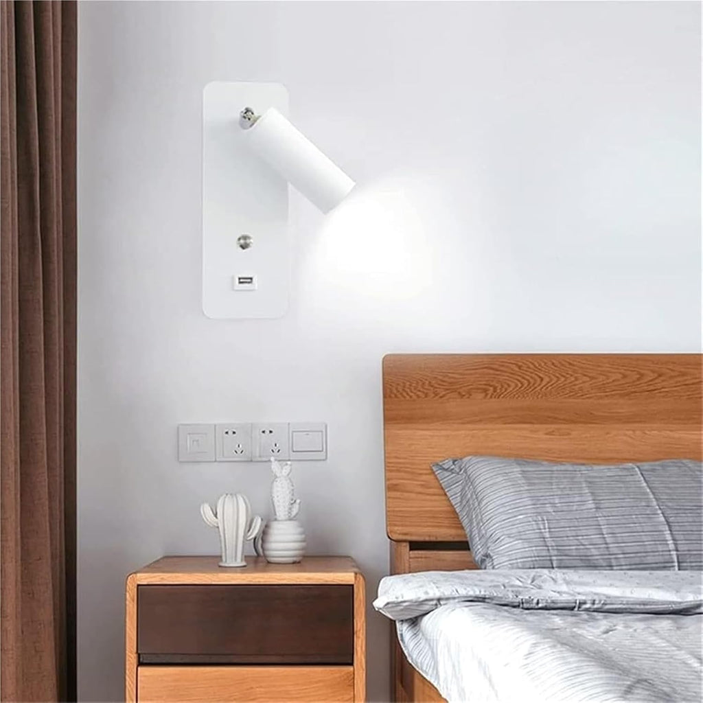 LED Bedside Reading Light Rotatable Indoor Spotlight Modern Wall Lamp with USB Charging Port Push Button Switch 7W Wall Mounted Light for Bedroom Living Room Hotel Hallway