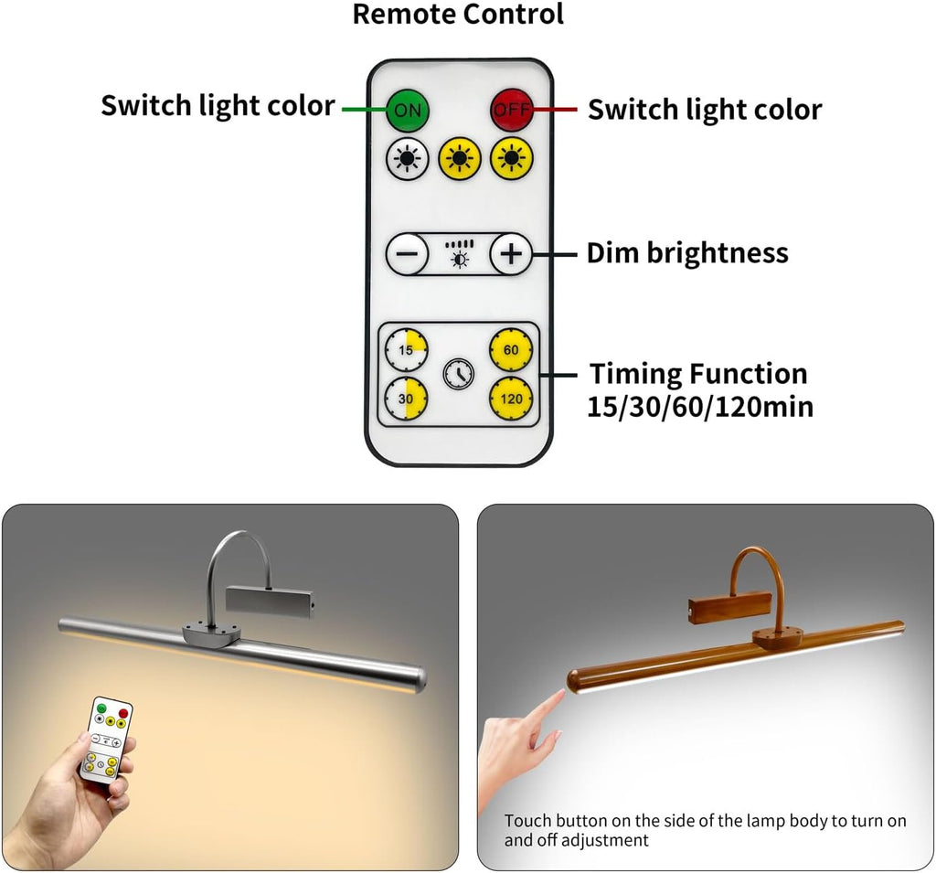 23' Wireless Picture Lights, Rechargeable Battery Art Display Light with Remote Control, Dimmable/Timer Off Dartboard Light, 3 Lighting Modes Full Metal Painting Display Lamp (Woodgrain-2Pack)