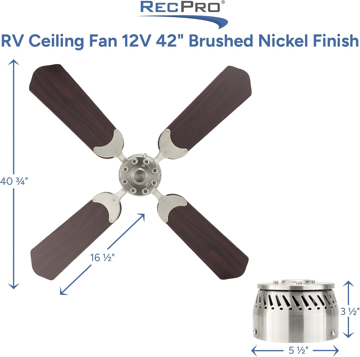 RecPro RV 12V Ceiling Fan | 4-Blade | 4-Speed | Near Silent Operation | Reversing Direction Wall Control (Brushed Nickel: Cherry Blades, 42')