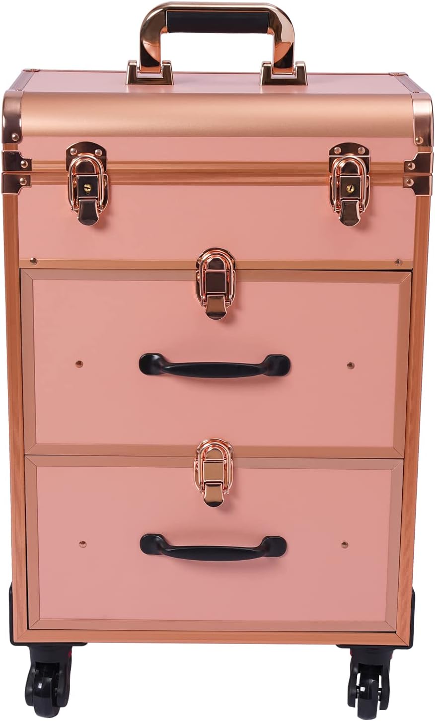 Professional Rolling Makeup Case Train Case Cosmetic Organizer Trolley Lockable Rolling Make-ups Case Storage Cart Makeup Train Case Cosmetology Case On Wheels (Gold|3 trays|Type B)