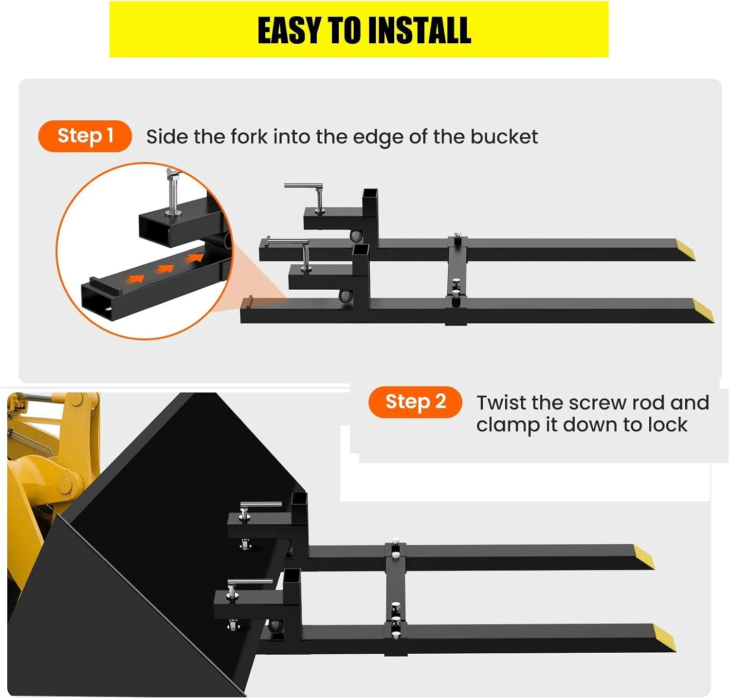 GarveeLife Pallet Forks 60 in 4000 LBS Max, Clamp On Tractor Bucket Forks With Adjustable Stabilizer Bar, Heavy Duty Front Loader Forks, Fork Attachment for Skid Steer, Loader Bucket