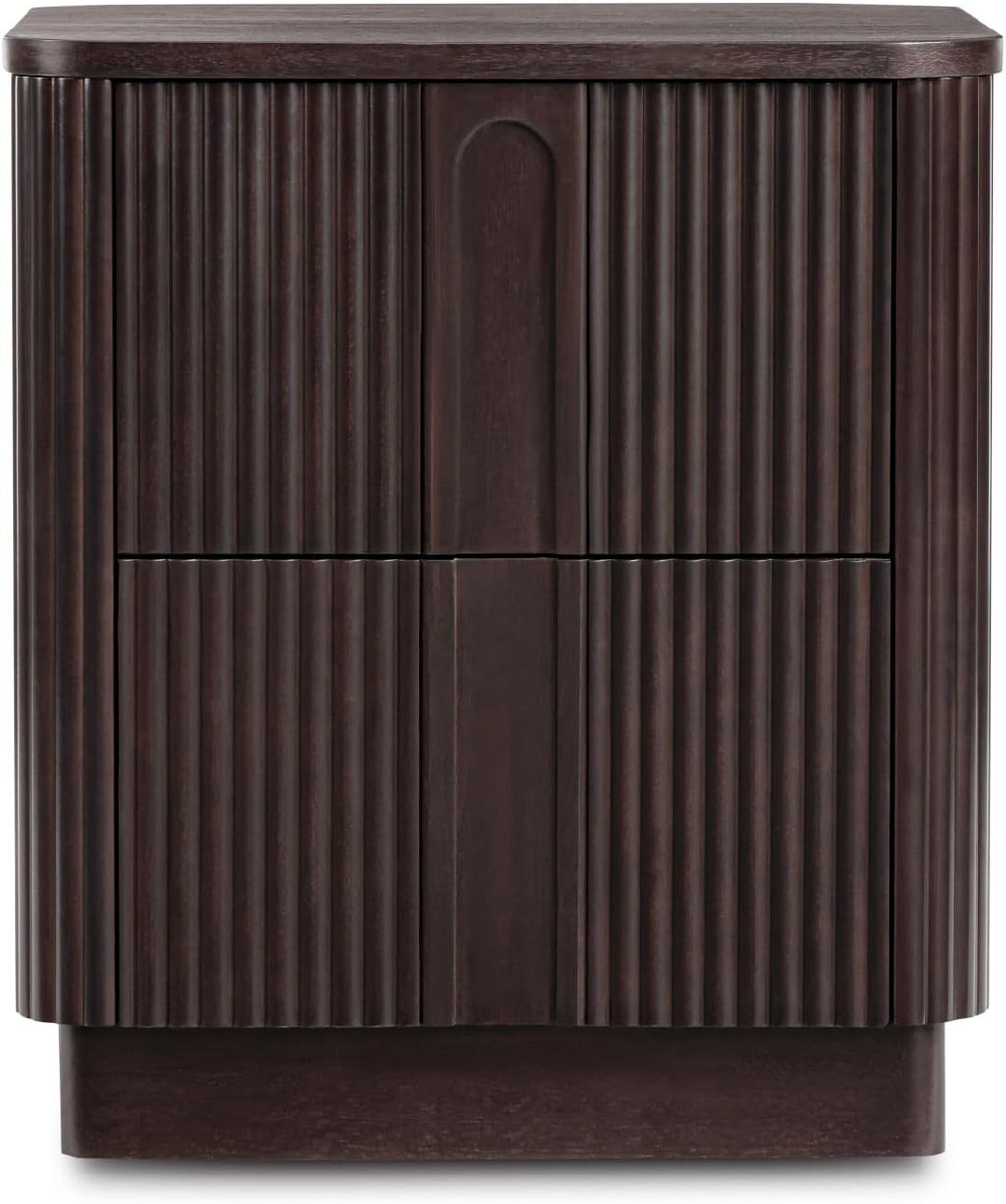 Teamson Home 20'' W Modern Storage 2-Drawer Push to Open Nightstand with Solid Wood Frame, Bedside Table Bedroom Furniture with Reeding Pattern in Scandinavian Style, Espresso