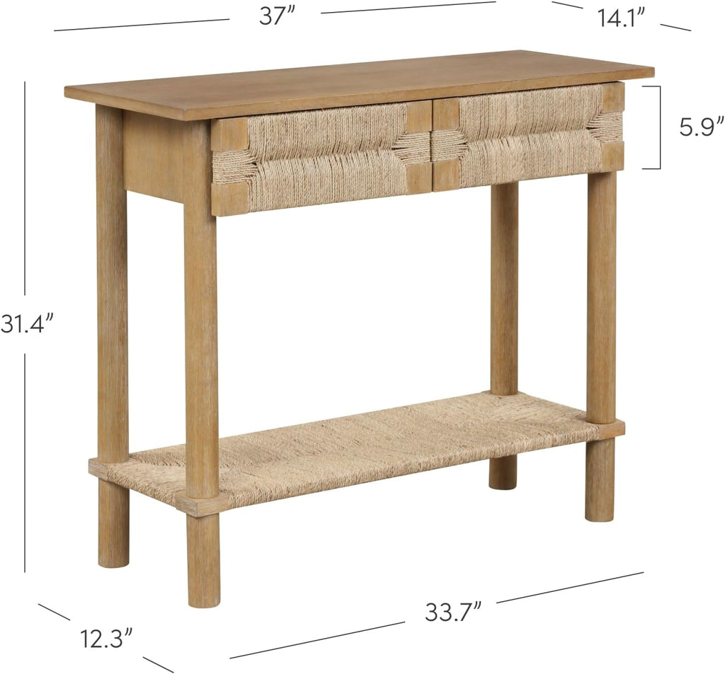 Nathan James Beacon Wooden Sofa Console Table with Drawers, Bohemian Entryway Accent, Hallway Furniture with Seagrass Shelf, Light Brown, Set of 2