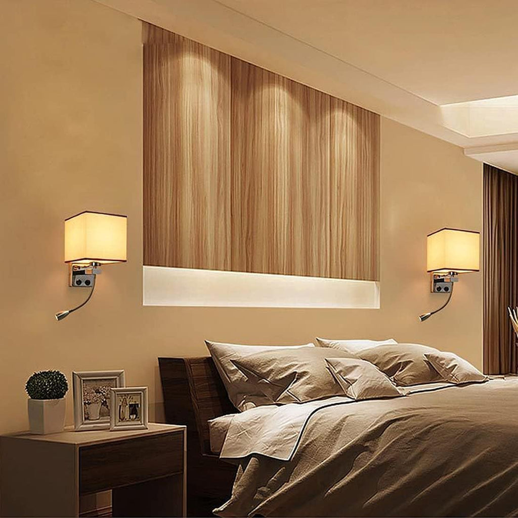 Wall Lamps with LED Reading Light, Bedside Sconce with Switch, Lamp Fabric Lampshade with 2 Points, Adjustable Indoor Spotlights, Brown