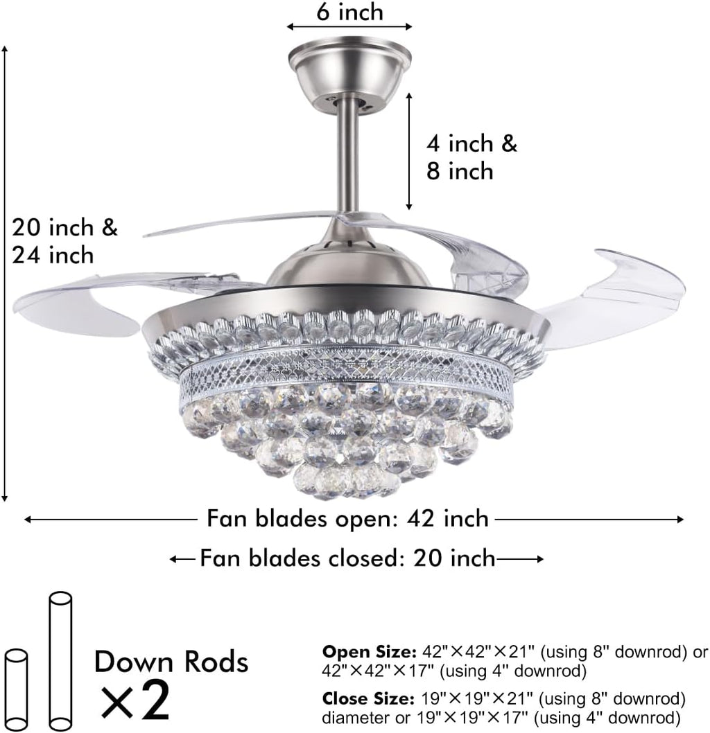 BIGBANBAN 42' Crystal Ceiling Fan with Light Remote Control, Silver Retractable Chandelier Fan 3 Colors LED Light 3 Speeds Modern Fandelier Chandelier for Living Room Bedroom