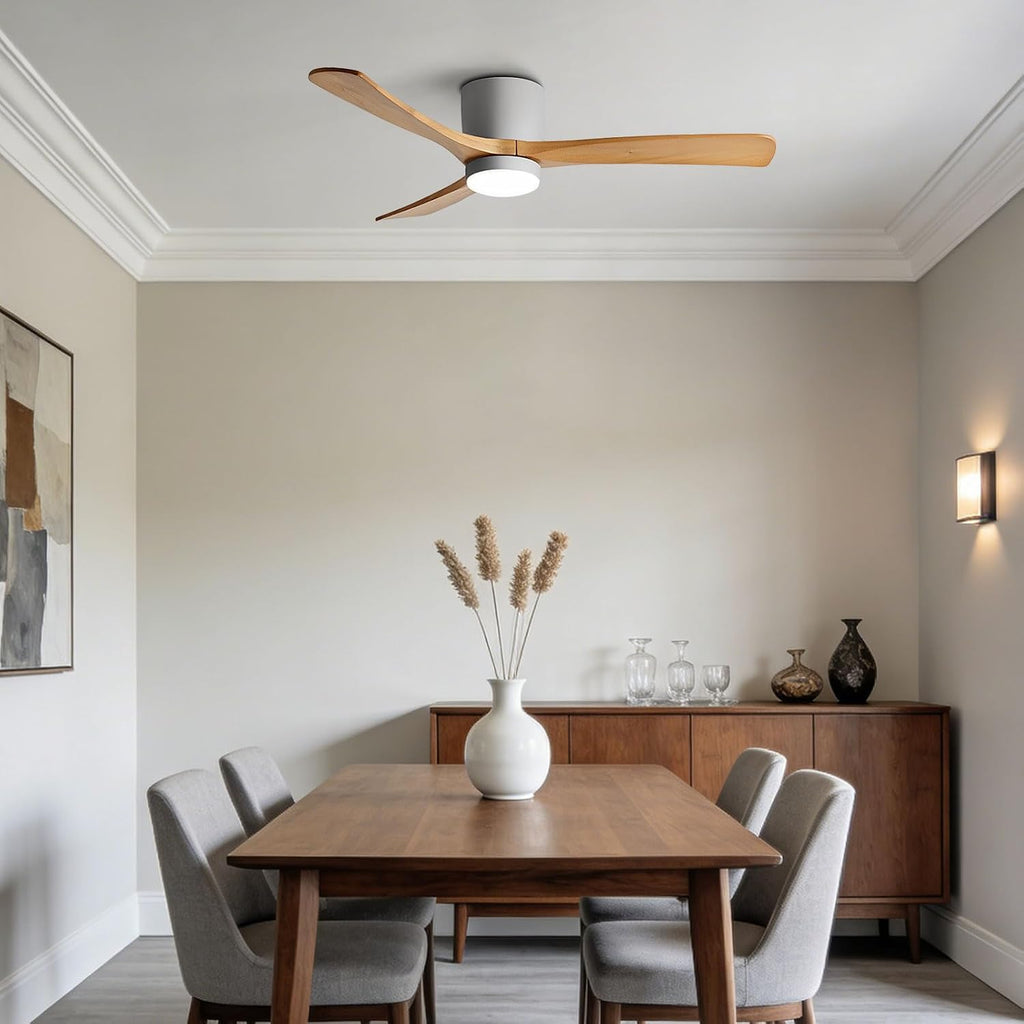 56in Quiet Ceiling Fans with Lights Modern Remote Ceiling Fan Light 6 Gear Wind Speed Ceiling Fans Grey 28W LED Ceiling Lights Wooden Blades for Living Room Dining Room Bedroom