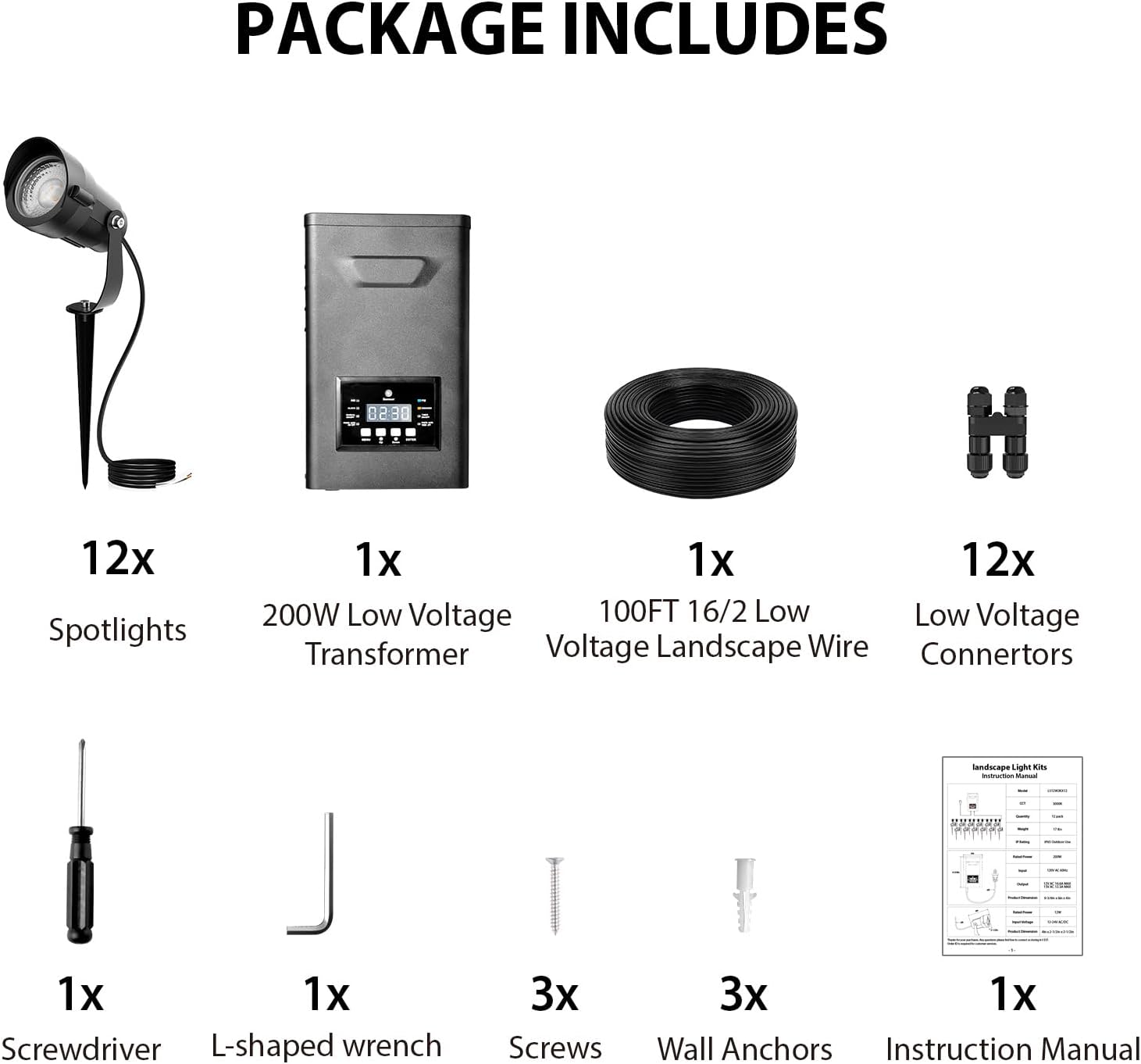 12W Low Voltage Landscape Lighting Kit, 3000K LED Landscape Lights with 200W Transformer, 100FT 16/2 Wire and Connectors, Waterproof Outdoor Spotlights for Yard, Garden, Pathway, 12V-24V AC/DC, 12Pack
