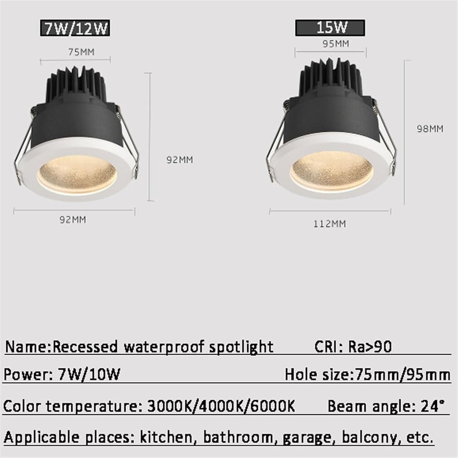 7W/12W/15W Ceiling Recessed Aluminum Panel - IP65 Waterproof Rustproof Recessed Shower Spotlight for Indoor & Outdoor Wet Areas