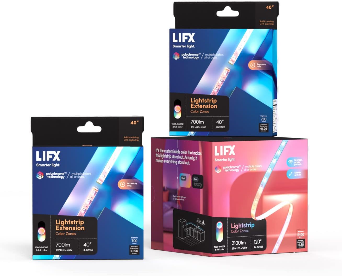 LIFX Lightstrip Bundle - with 120' Smart LED Lightstrip and 2 40' Extensions, Multicolor, 3 Piece Set