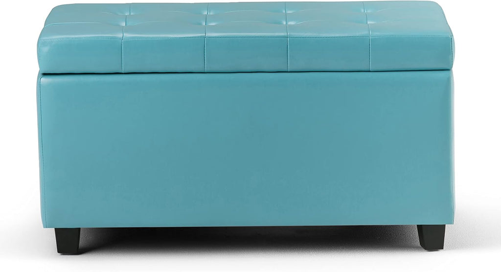 SIMPLIHOME Cosmopolitan Storage Ottoman - 34 inch Wide Upholstered Vegan Leather Rectangle Storage Ottoman Bench in Soft Blue, Transitional Tufted Ottoman for Living Room or Entryway with Lift-Up Lid