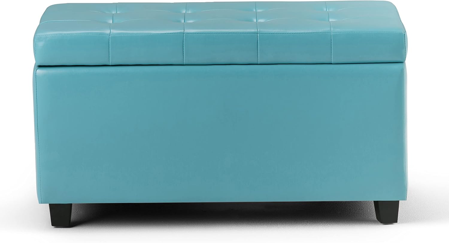 SIMPLIHOME Cosmopolitan Storage Ottoman - 34 inch Wide Upholstered Vegan Leather Rectangle Storage Ottoman Bench in Soft Blue, Transitional Tufted Ottoman for Living Room or Entryway with Lift-Up Lid