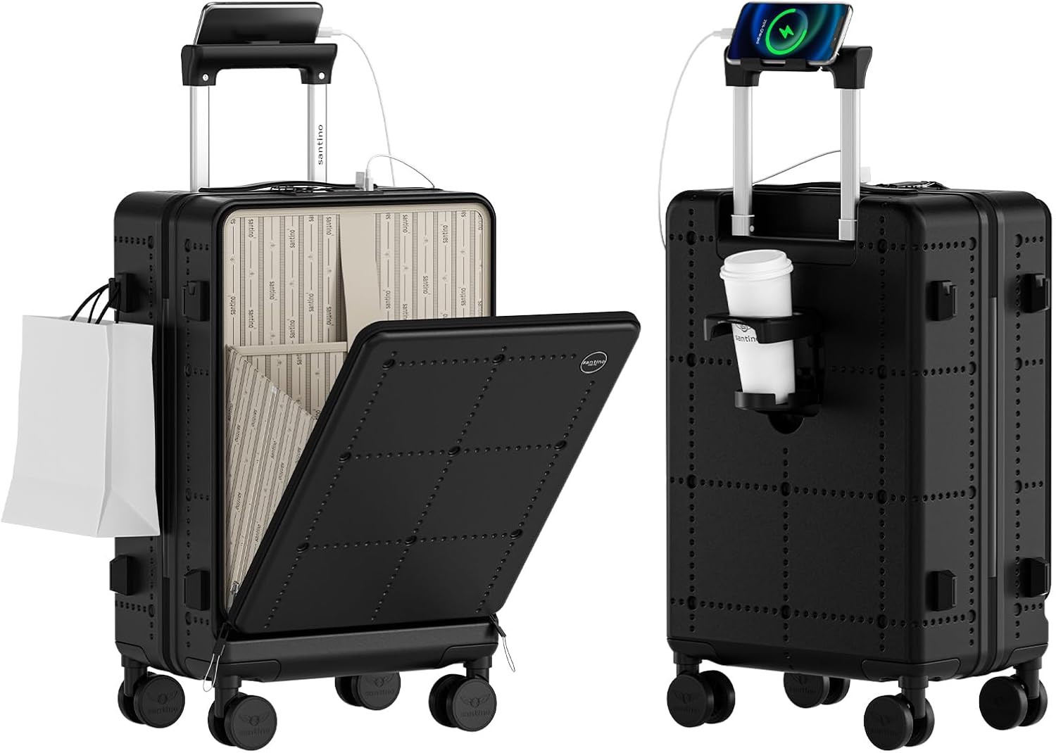 Santino Carry On Luggage 22x14x9 Airline Approved 20 Inch baggage pc Hard Shell Suitcase with Spinner Wheels TSA Lock with USB Port and Cup Holder and phone holder Top Opening Suitcase