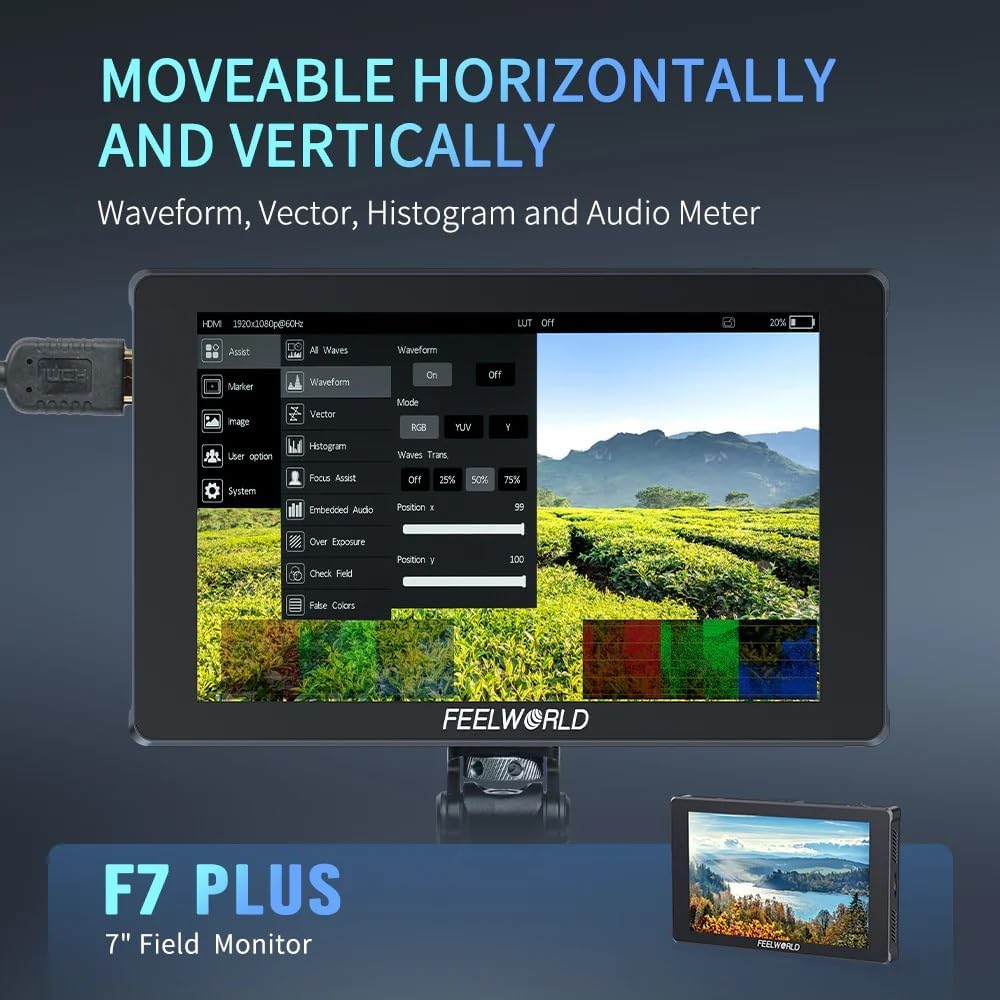 FEELWORLD F7 Plus 7-Inch Camera Monitor, 1200nit HD 1920x1200 IPS Touch Screen Camera Field Monitor with 3D LUT,4K HDMI,HDR Waveform Focus Peaking, External Install and Power Design