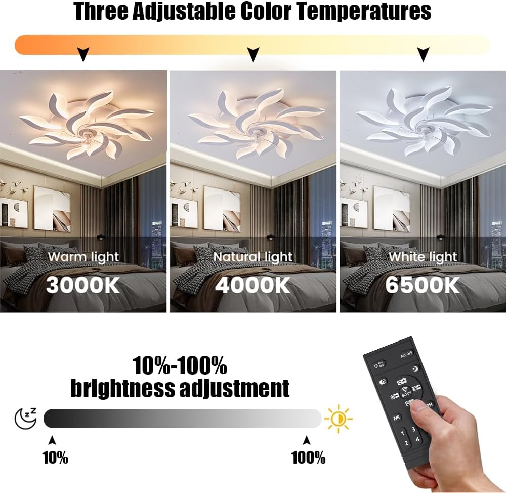39' Modern Ceiling Fan with Lights and Remote Control, 3 Color temperatures Dimmable 6 Gear Wind Speed, LED Flush Mount Low Profile Fan Light,Bladeless Ceiling Fan with Smart Timing 120W