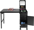 Professional Rolling Makeup Case, Foldable Nail Tables with Detachable Lighted Mirror, Travel Cosmetic Trolley Storage Organizer with Drawers, Manicure for Artist (Black 3)